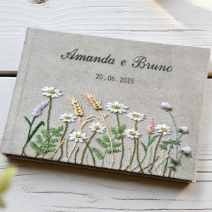 Personalized Daisy Wedding Guest Book, Wildflowers Wedding Guestbook Ideas, Custom Hand Embroidered Linen Hardbound Scrapbook, Memory Book