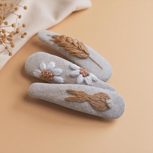 Bunny Daisy Wheat Hair Clip for Girls, Custom Embroidery TearDrop Hair Clip, Hand Embroidered Hair Clip, Handmade Linen Hair Accessories