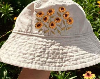 New Custom Designed Beige Bucket Hat with Flower Embroidery, Adjustable Custom Hand Embroidery Floral Bucket Hat, Daisy Bucket, Wash  main image 4