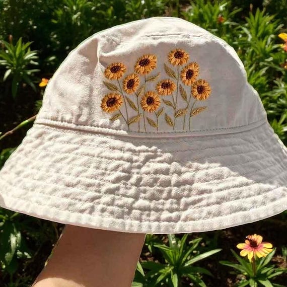Sunflower Embroidery Bucket Hat, Hand Embroidered Bucket Hat  display picture 1