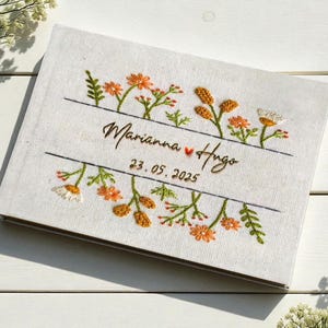 Orange Flowers Wedding Guest Book, Personalized Boho Wedding Guestbook Ideas, Custom Hand Embroidered Linen Hardbound Scrapbook, Memory Book