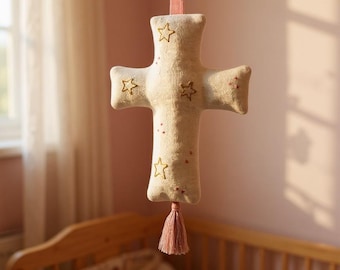 Little Stars Embroidery Linen Cross, Custom Name Fabric Cross, Handmade Fabric Cross for Baby Crib, Newborn/Kids Room Decor, Baptism Gift