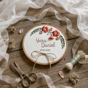 Flower Hand Embroidered Linen Ring Holder, Custom Embroidery Wedding Hoop, Personalized Wedding Ring Holder, Wedding Ring Bearer Pillow