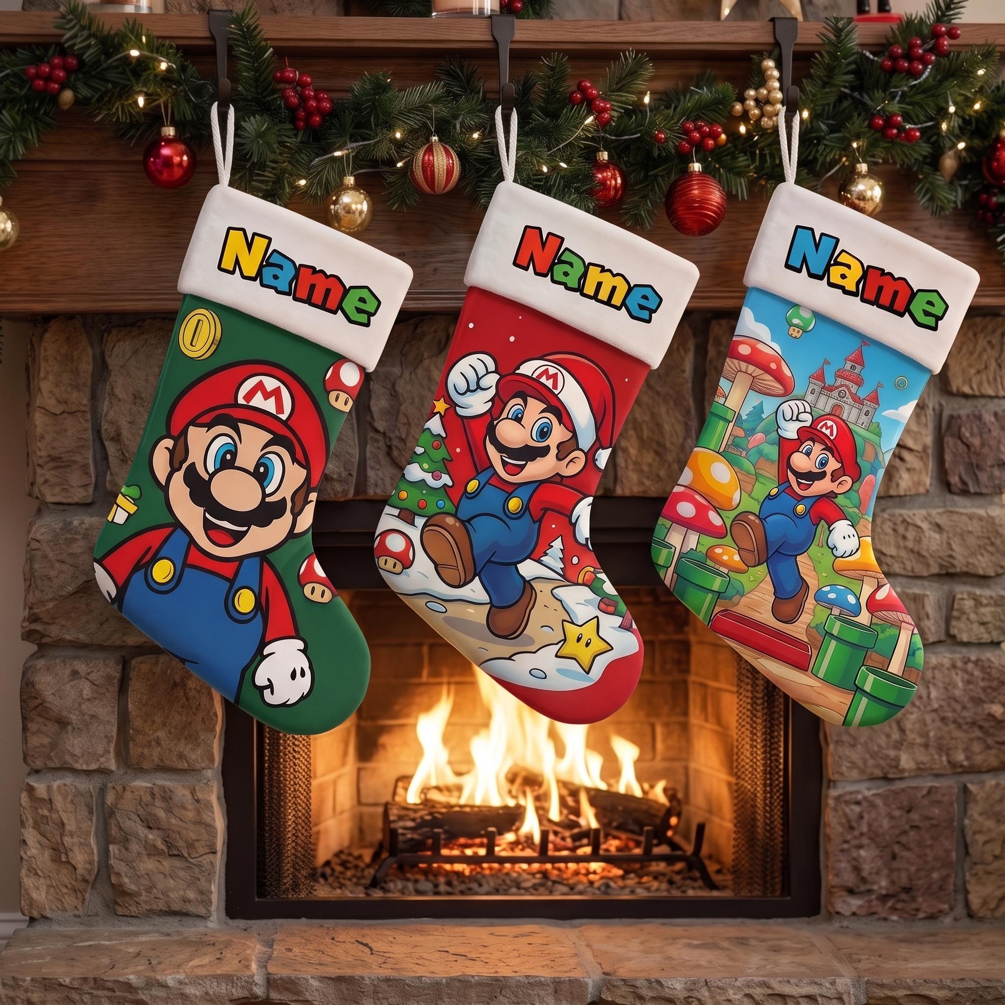 Classic Gaming Christmas Stocking, Personalized Kids Holiday Gift, Custom Name Video Game Stocking, Mario Inspired Christmas Decor