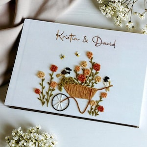 Personalized Flower Cart Wedding Guest Book, Boho Wedding Guestbook Ideas, Custom Hand Embroidered Linen Hardbound Scrapbook, Memory Book