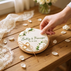 White Flowers Hand Embroidered Linen Ring Holder,Custom Embroidery Wedding Hoop,Personalized Wedding Ring Holder,Wedding Ring Bearer Pillow