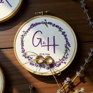 Personalized Lavenders Hand Embroidered Linen Ring Holder, Custom Embroidery Wedding Hoop, Wedding Ring Holder, Wedding Ring Bearer Pillow