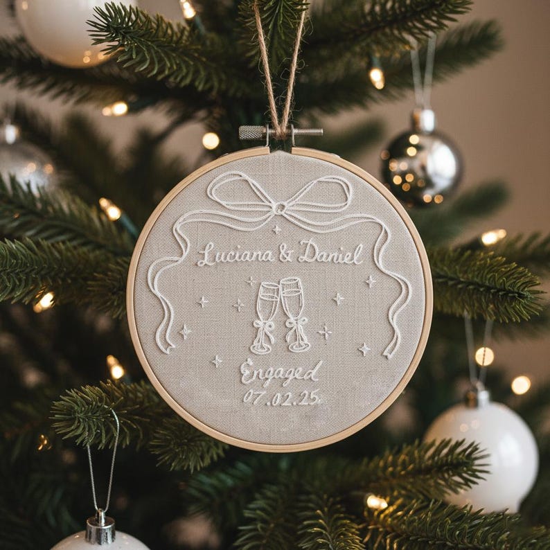 Custom Name Engagement Christmas Ornament, Personalized Hand Embroidered Our First Christmas Married Ornament, 2025 Couple Tree Decor