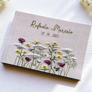 Personalized Dandelion Wedding Guest Book, Wildflower Wedding Guestbook Ideas, Custom Hand Embroidered Linen Hardbound Scrapbook,Memory Book