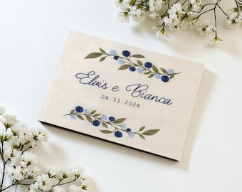Personalized Blue Roses Wedding Guest Book, Wedding Guestbook Ideas, Custom Name Hand Embroidered Linen Hardbound Scrapbook, Memory Book