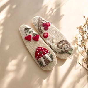 Mushroom and Snail Hair Clip for Girls, Custom Embroidery TearDrop Hair Clip, Hand Embroidered Hair Clip, Handmade Linen Hair Accessories
