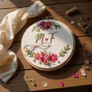 Flower Hand Embroidered Linen Ring Holder, Custom Embroidery Wedding Hoop, Personalized Wedding Ring Holder, Wedding Ring Bearer Pillow