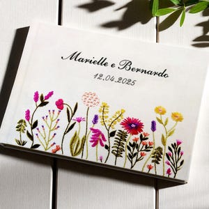 Personalized Floral Hand Embroidered Wedding Guest Book, Boho Wedding Guestbook Ideas, Custom Name Linen Hardbound Scrapbook, Memory Book