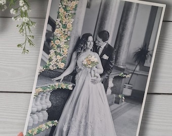 Personalisiertes Hochzeitsfoto, handgestickter Hochzeitsstrauß, Stickerei auf Papier, Hochzeitstag, personalisiertes Geschenk