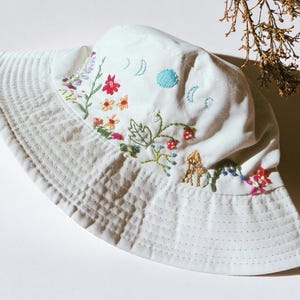 Flower Garden with Moon Phases Bucket Hat, Hand Embroidered Bucket Hat, Handmade Summer Hat, Sun Garden Hat, Handmade Gift For Mom