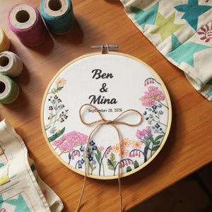 Wildflower Hand Embroidered Linen Ring Holder, Custom Embroidery Wedding Hoop, Personalized Wedding Ring Holder, Wedding Ring Bearer Pillow