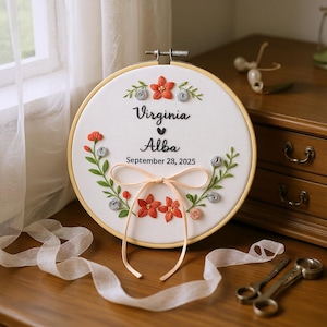 Vintage Floral Hand Embroidered Wedding Ring Holder, Linen Ring Holder, Personalized Embroidery Wedding Hoop,  Wedding Ring Bearer Pillow