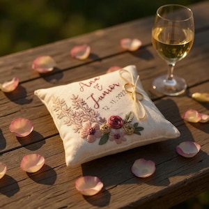 Personalized Flowers Hand Embroidered Linen Ring Bearer Pillow, Handmade Wedding Cushion, Boho Linen Wedding Ring Pillow,Custom Ring Holder