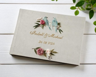 Personalized Couple Dove Wedding Guest Book, Boho Wedding Guestbook Ideas, Custom Hand Embroidered Linen Hardbound Scrapbook, Memory Book