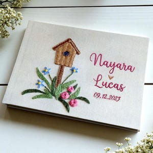 Personalized The Birdhouse Wedding Guest Book, Boho Wedding Guestbook Ideas, Custom Hand Embroidered Linen Hardbound Scrapbook, Memory Book
