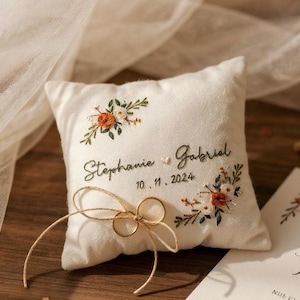 Personalized Floral Hand Embroidered Linen Ring Bearer Pillow, Handmade Wedding Cushion, Boho Linen Wedding Ring Pillow,Custom Ring Holder
