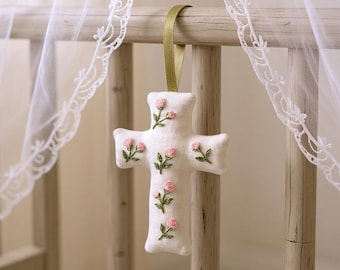 Personalized Roses Embroidery Linen Cross, Flower Fabric Cross, Hand Crafted Cross for Baby Crib, Newborn/Kids Room Decor, Baptism Gift