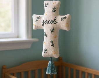 Botanical Embroidery Linen Cross, Custom Name Fabric Cross, Handmade Fabric Cross for Baby Crib, Newborn/Kids Room Decor, Baptism Gift