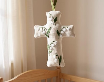 Lily of the Valley Embroidery Linen Cross, Custom Name Fabric Cross, Handmade Cross for Baby Crib, Newborn/Kids Room Decor, Baptism Gift