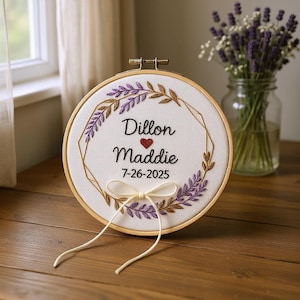 Custom Lavender Hand Embroidered Linen Ring Holder, Personalized Embroidery Wedding Hoop, Wedding Ring Holder,Wedding Ring Bearer Pillow