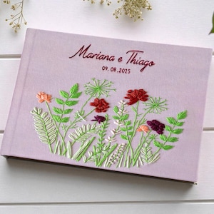 Floral Hand Embroidered Wedding Guest Book, Personalized Boho Wedding Guestbook Ideas, Custom Name Linen Hardbound Scrapbook, Memory Book