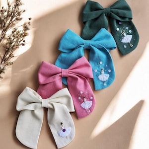 Ballerina Hair Bow for Girls, Custom Embroidery Hair Bow, Hand Embroidered Hair Bow, Handmade Linen Hair Accessories