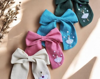 Ballerina Hair Bow for Girls, Custom Embroidery Hair Bow, Hand Embroidered Hair Bow, Handmade Linen Hair Accessories