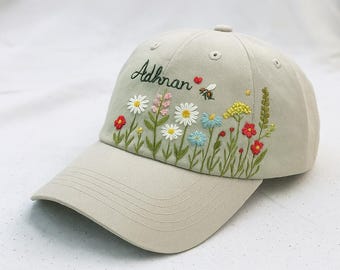 手刺繍の花柄ベースボールキャップ、ユニークな花柄デザイン、刺繍
