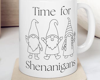 Shenanigans Gnomes Mug, Time for Shenanigans Ceramic Coffee Cup, Line Design, Funny Garden Gnomes, Minimalist Kitchen Decor, Cute Graphic