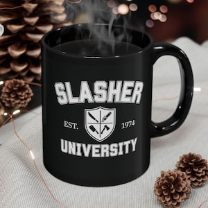 Slasher University Ceramic Mug, Scary Movie Lovers Gift, Horror Film Buffs Cup, Movie Night Mug, Personalize, Customize Year