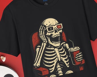 Movie Skeleton Graphic Tshirt, Film Buff Gift, Movie Lover Gift, Skeleton with 3D Glasses Tee, Film Enthusiast Shirt, Skeleton Movie Night