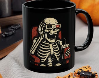 Movie Skeleton Graphic Mug, Skeleton with 3D Glasses Ceramic Mug, Film Buff Gift, Movie Lover Gift, Film Enthusiast Cup