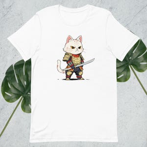Samurai Cat Warrior T-Shirt – Cute White Anime Cat in Armor with Katana – Japanese Style Cat Art Shirt