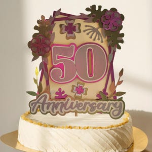 Custom Anniversary Cake Topper, Silver Holographic Anniversary Decoration, Custom Year Wedding Anniversary, Elegant Floral Cake Topper