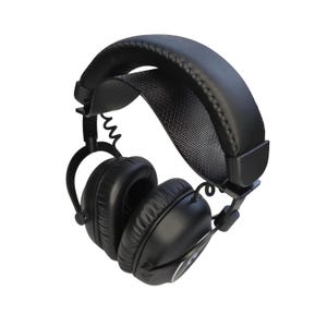 May include: Black over-ear headphones featuring a padded headband with a textured mesh underside, smooth leather-like ear cushions, and adjustable yokes. The design includes exposed coiled wiring connecting the ear cups to the main headband structure.