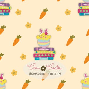 Cute bunny, book, and carrot template, no sewing required, for application on fabric or stationery
