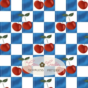 Pode incluir: Padrão sem costura com cerejas vermelhas com folhas verdes sobre um fundo xadrez azul e branco. O design inclui o texto "Cau Creates" e "Seamless Pattern". O padrão é repetido em toda a imagem.