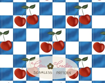 Seamless pattern cherry chess blue