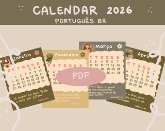2026 Calendar with versions for each month | Ready to print Portuguese Brazil