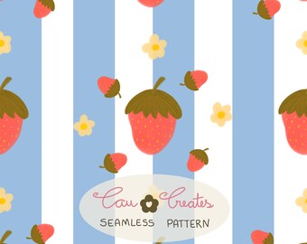 Seamless Strawberry Pattern With Light Blue Stripes for application on stationery or fabric