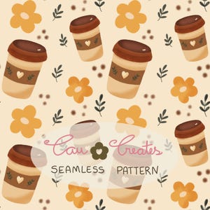 Autumn coffee pattern, seamless, cute appliqué on stationery and fabric