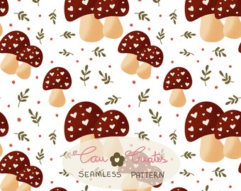 Seamless mushroom heart pattern, cute mushroom.