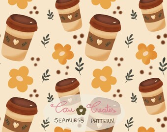 Autumn Floral Coffee Pattern, Seamless, soft yellow background applique for stationery and fabrics