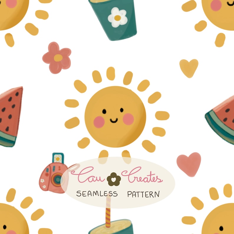May include: A repeating pattern with cartoon suns, watermelon slices, flowers, hearts, and a camera. The design includes a teal cup with a white flower and a popsicle. The text "Cau Creates SEAMLESS PATTERN" is also included.