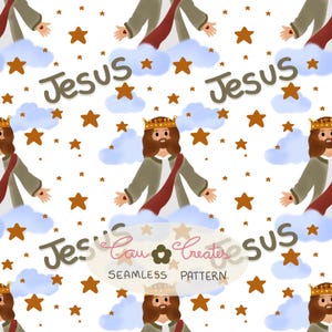 Pode incluir: Padrão sem costura repetido com Jesus coroado, rodeado por nuvens, estrelas e a palavra "Jesus". O design inclui o texto "Jesus Can Create" e "Seamless Pattern". A paleta de cores inclui castanho, branco e azul.